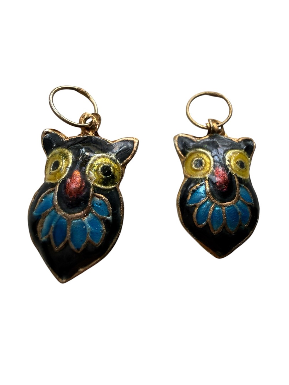 Vintage Chinese Cloisonné Owl Charms - Set of 2 Black & Blue Enamel Bird Pendant